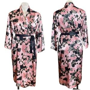 Vintage Cruz Satin Pink Black Mosaic long Floral long sleeve belted Robe sz S